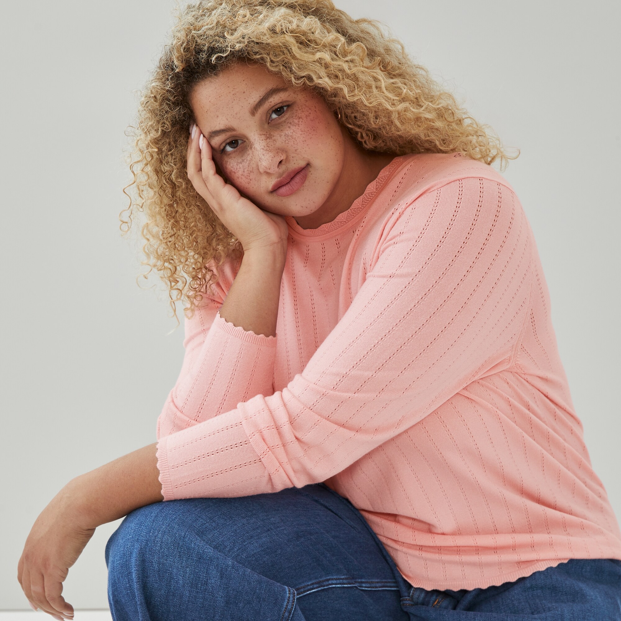 Women+ Pointelle Crewneck Sweater in Light Pink from Joe Fresh