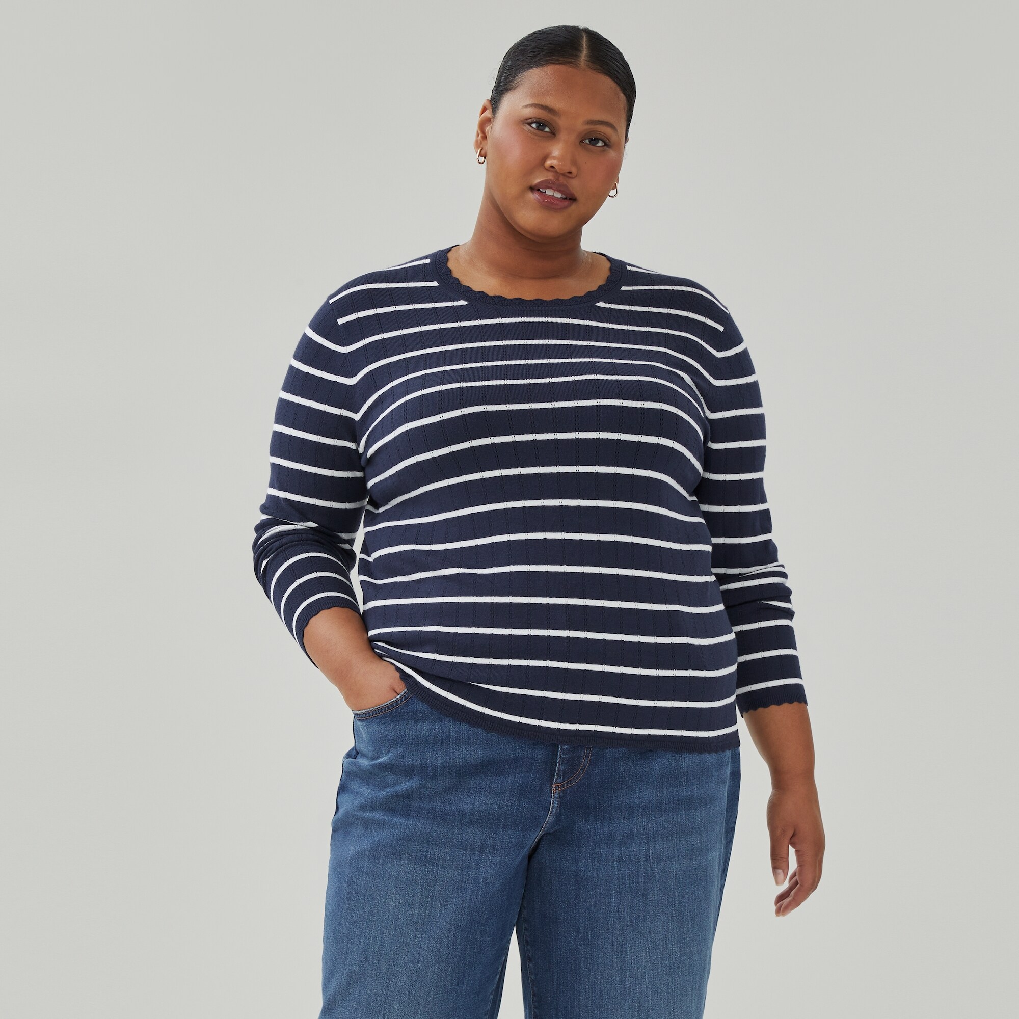 Chandail rayé en tricot mailles pointelle Femmes+