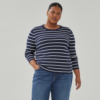 Women+ Striped Pointelle Sweater - Navy