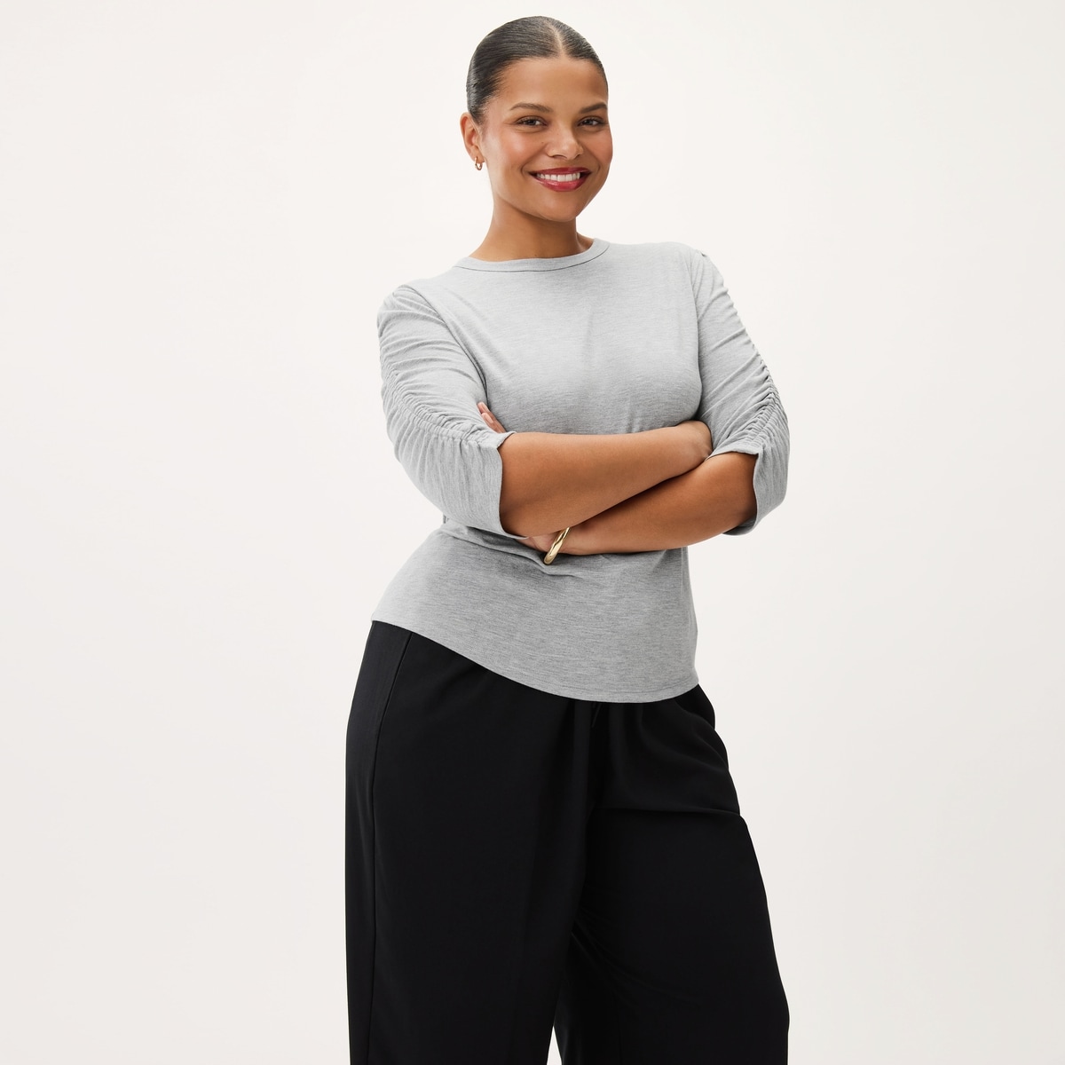 Women+ Ruched Sleeve Top - Grey Mix