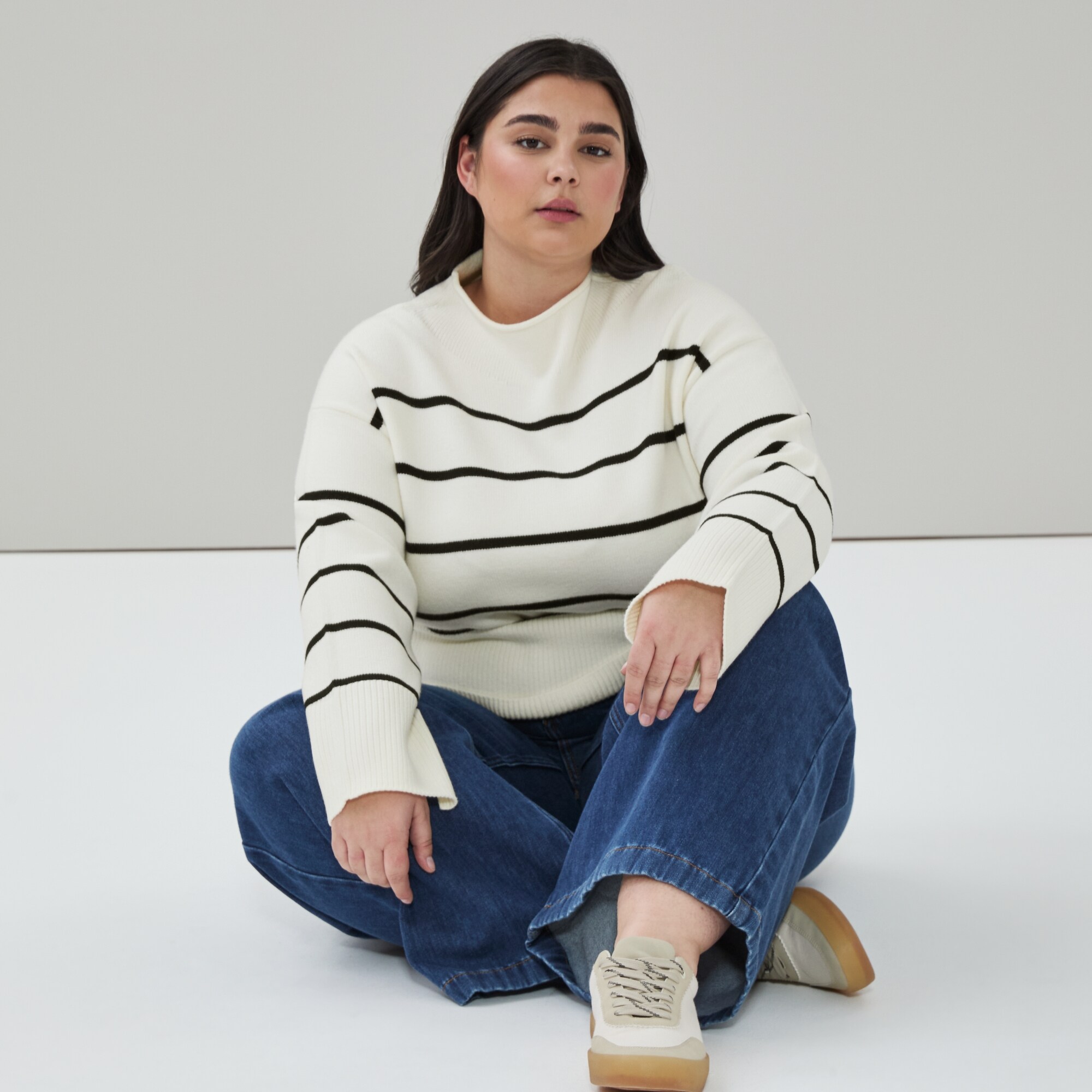 Women+ Striped Funnel Neck Sweater