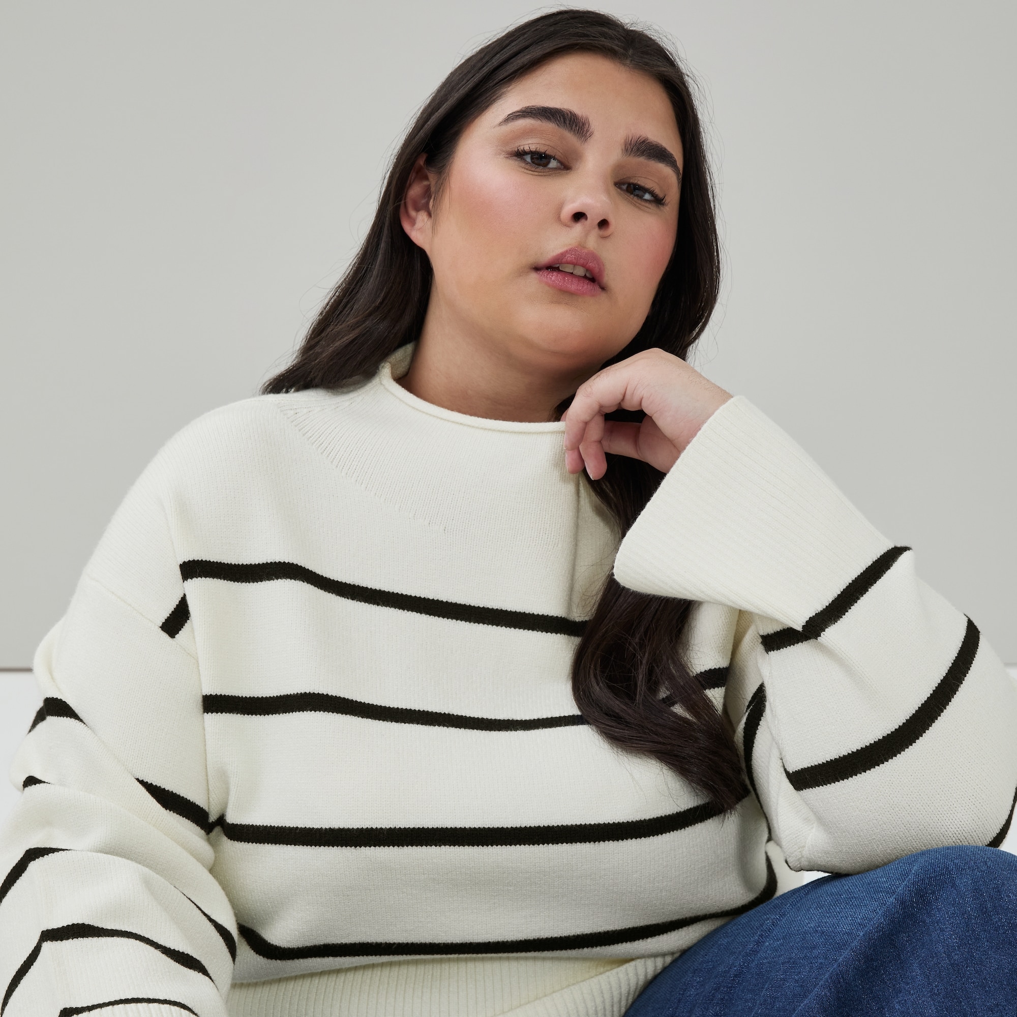 Women+ Striped Funnel Neck Sweater in Off White from Joe Fresh