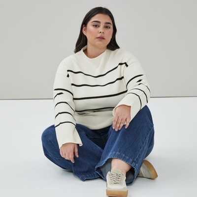 Chandail en tricot rayé à col cheminée Femmes+ - Blanc Cassé