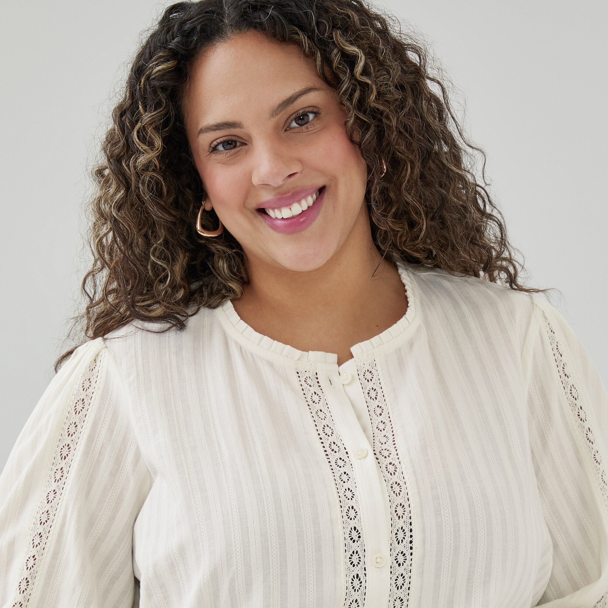 Women+ Cotton Lace Long Sleeve Shirt in Off White from Joe Fresh