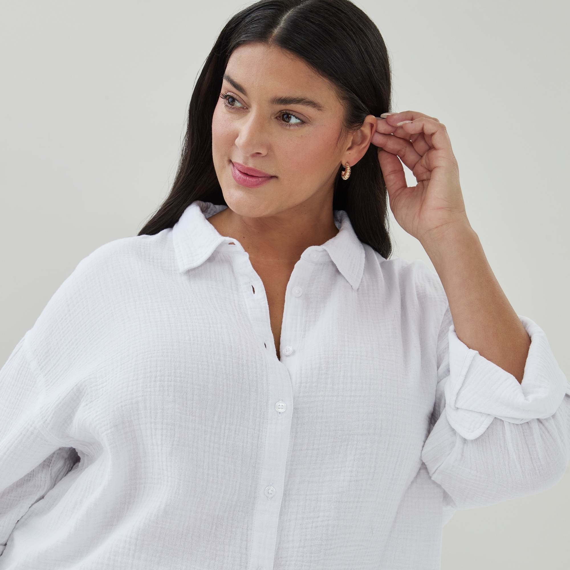 Women+ Oversized Crinkle Gauze Button-Up Shirt in Bright White