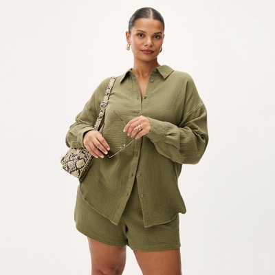 Women+ Oversized Crinkle Gauze Button-Up Shirt - Olive