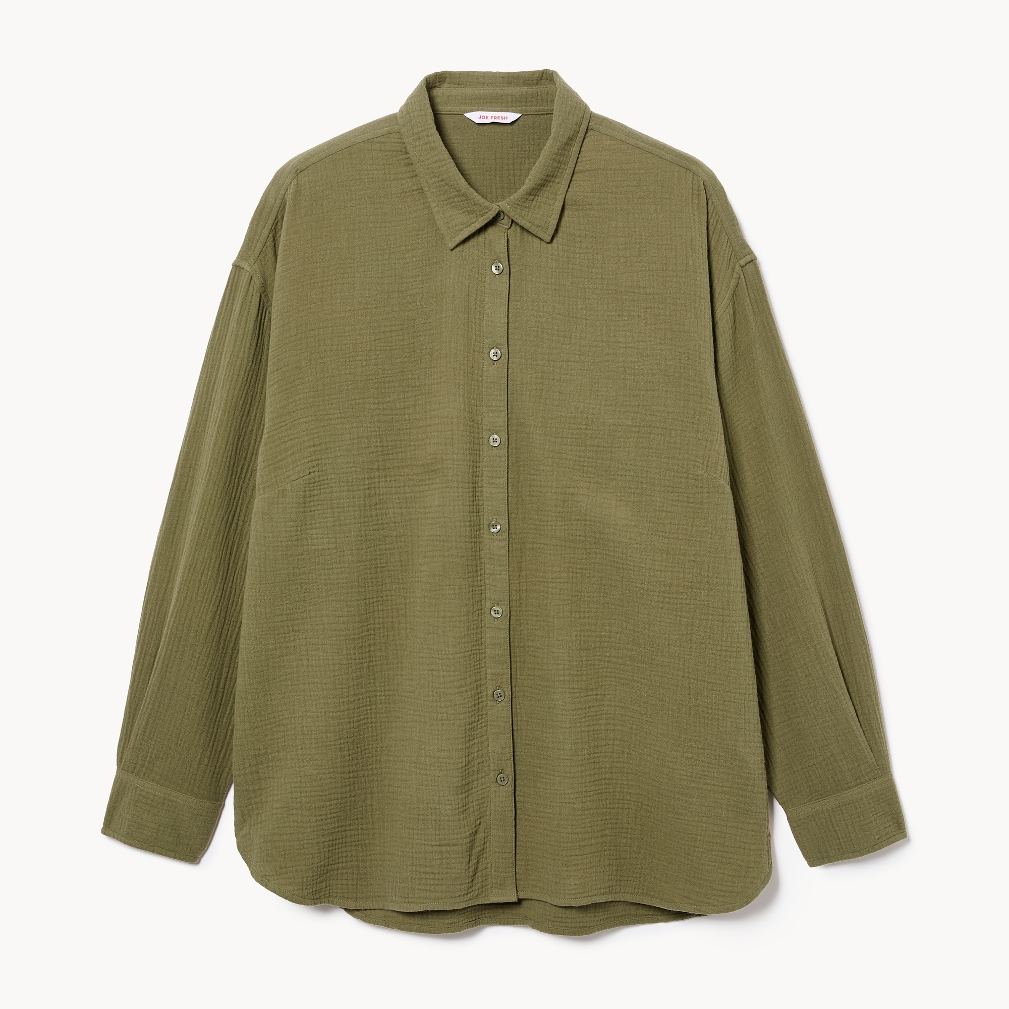 Women+ Oversized Crinkle Gauze Button-Up Shirt in Olive from Joe Fresh