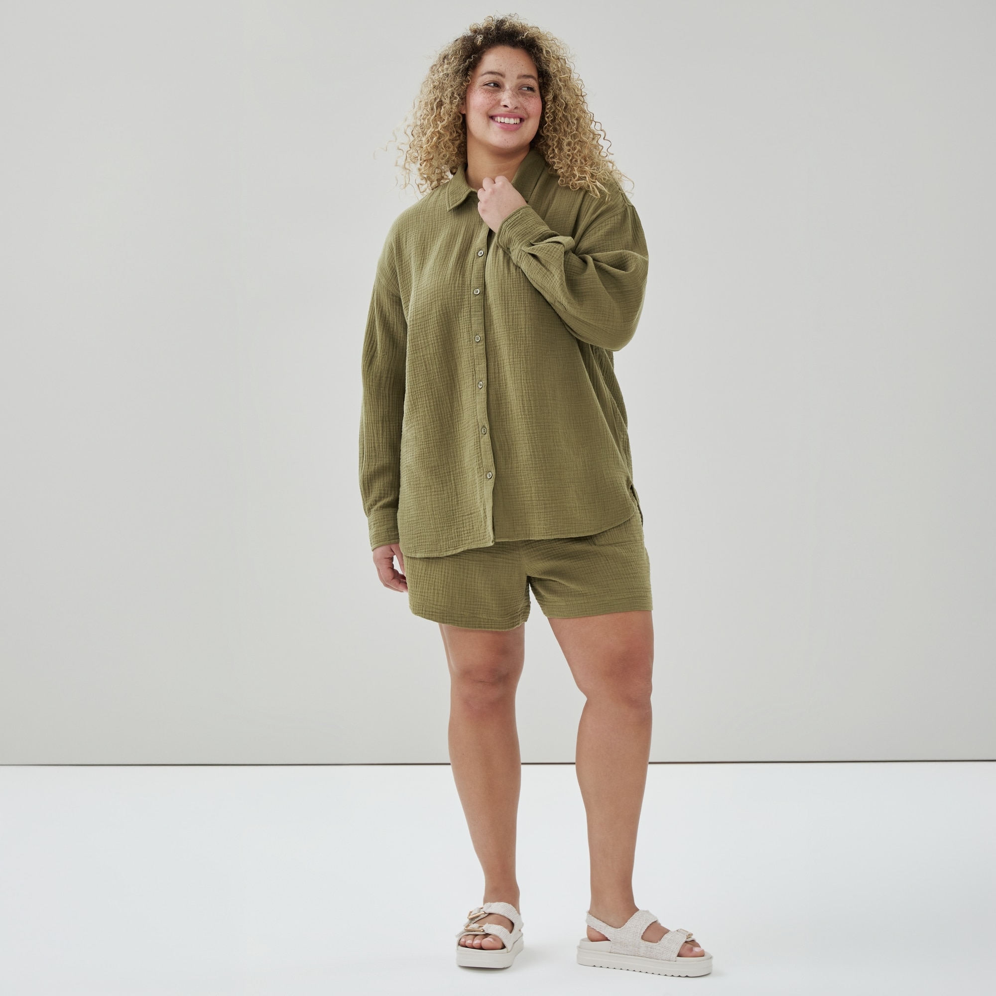 Women+ Oversized Crinkle Gauze Button-Up Shirt in Olive from Joe Fresh