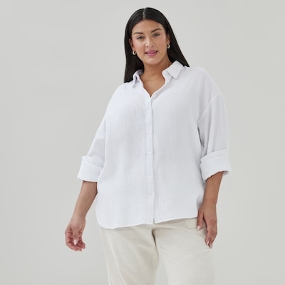 Chemise boutonnée ample en gaze froissée Femmes+ - Blanc pur