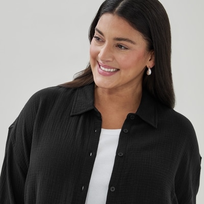 Women+ Oversized Crinkle Gauze Button-Up Shirt - JF Black
