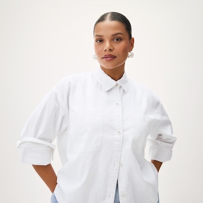 Chemise courte manches longues lin mélangé Femmes+ - Blanc pur