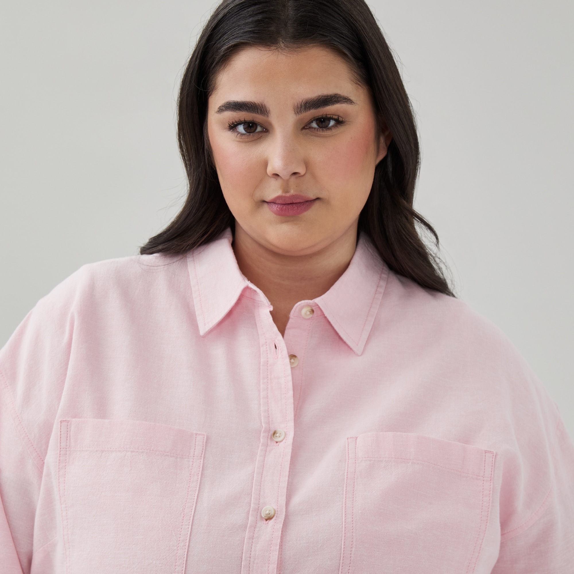 Women+ Linen Cotton Oversized Shirt in Light Pink Mix from Joe Fresh