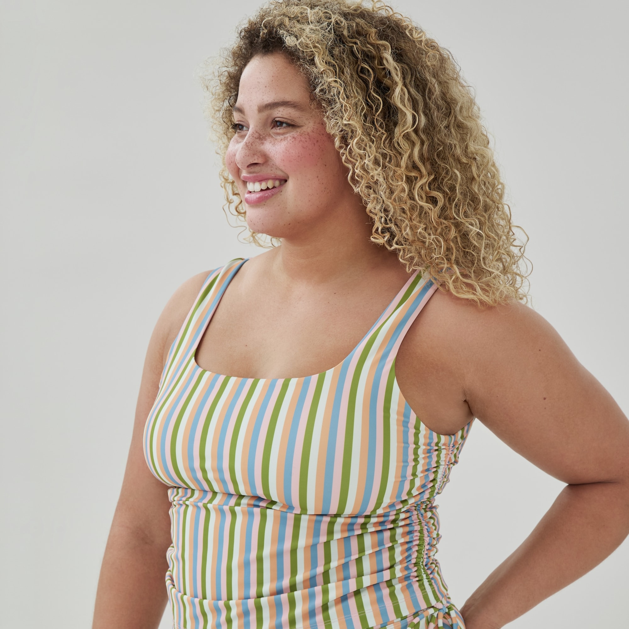 Women+ Striped Side Cinched Tankini in Blue from Joe Fresh