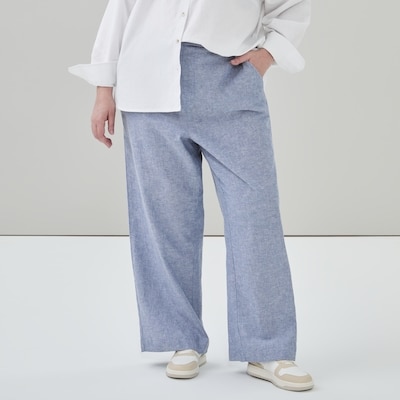'Pantalon à jambe large en lin et coton Femmes+ - Mélange De Bleu