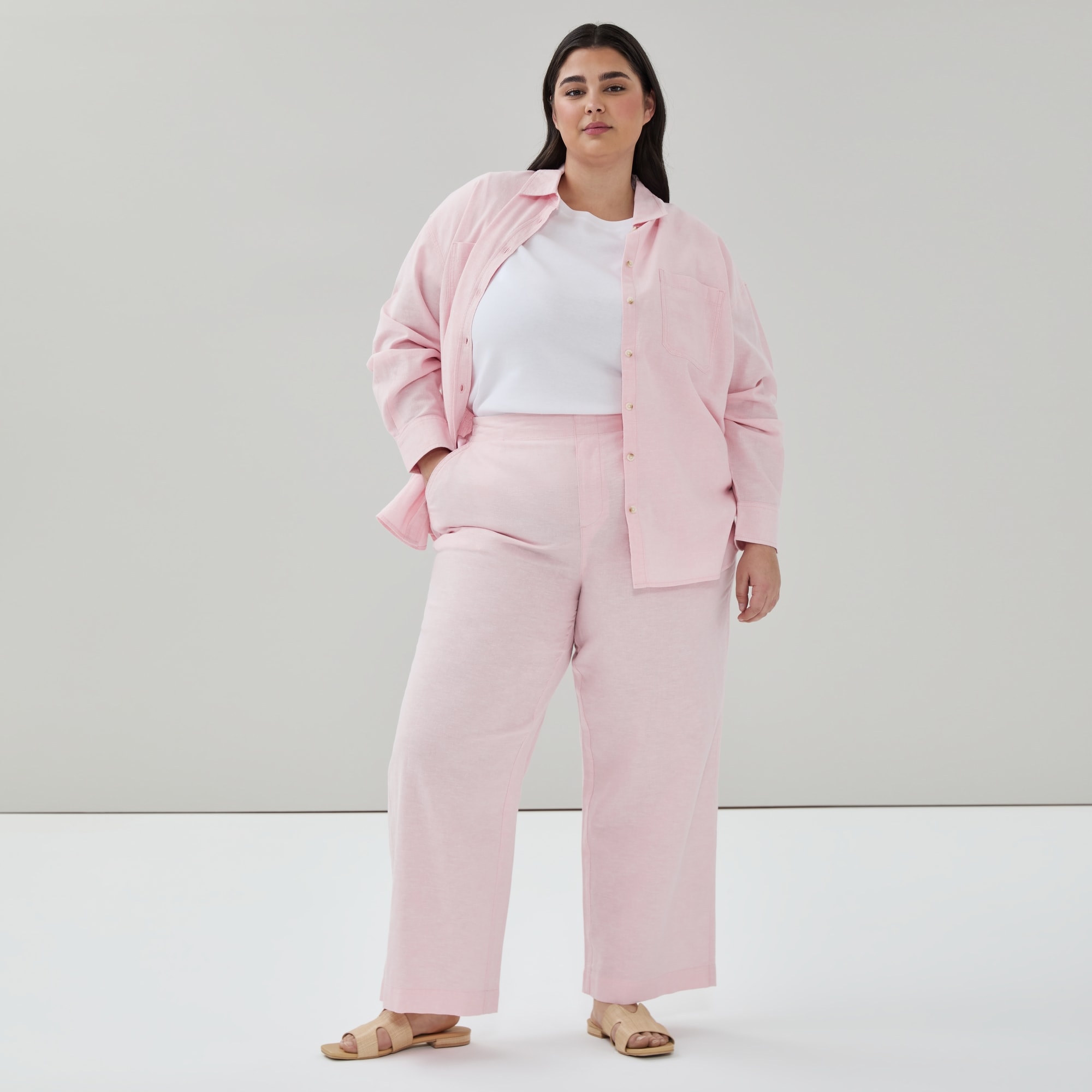 Women+ Linen Cotton Wide Leg Pant in Light Pink Mix from Joe Fresh