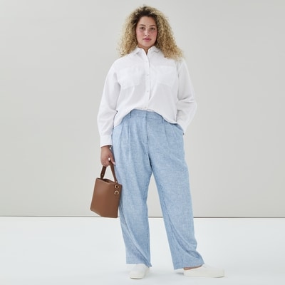 Pantalon plissé en lin mélangé Femmes+ - Bleu