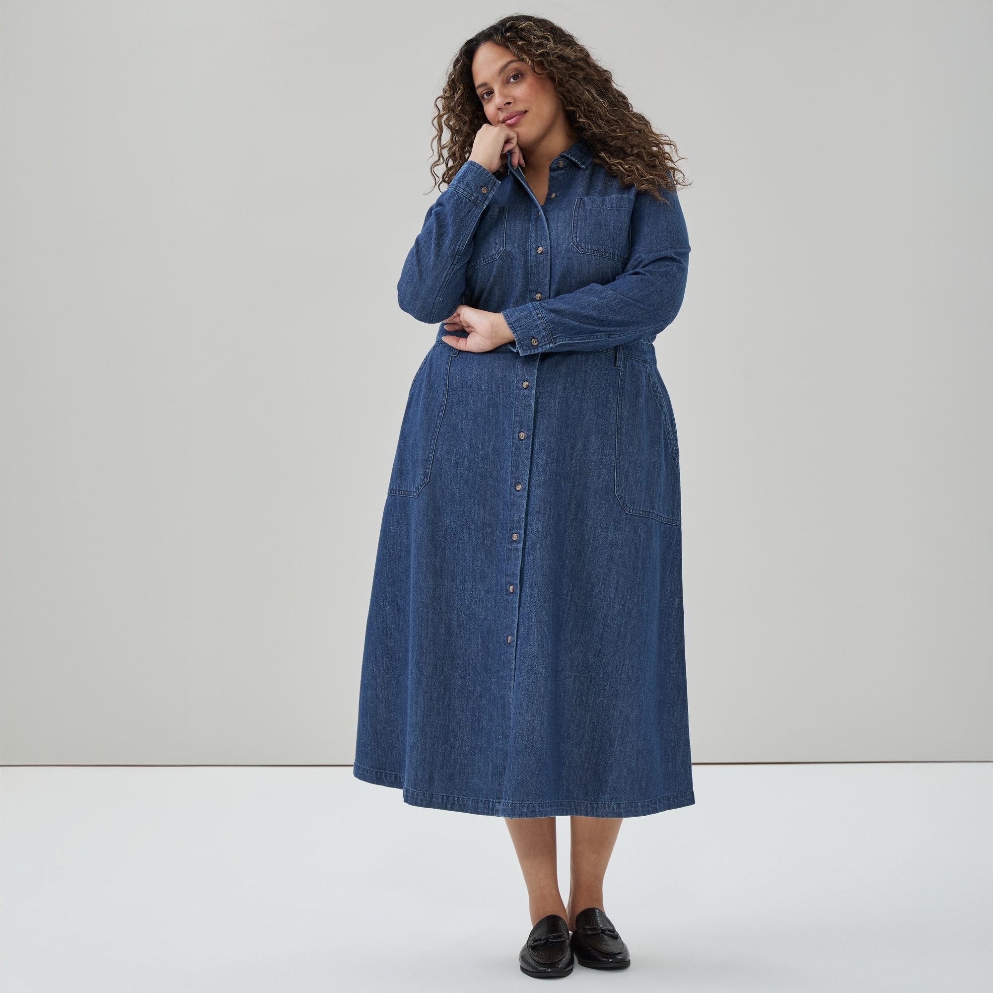 Women+ Denim Long Sleeve Midi Dress in Dark Wash from Joe Fresh Women+ Denim Long Sleeve Midi Dress in Dark Wash from Joe Fresh