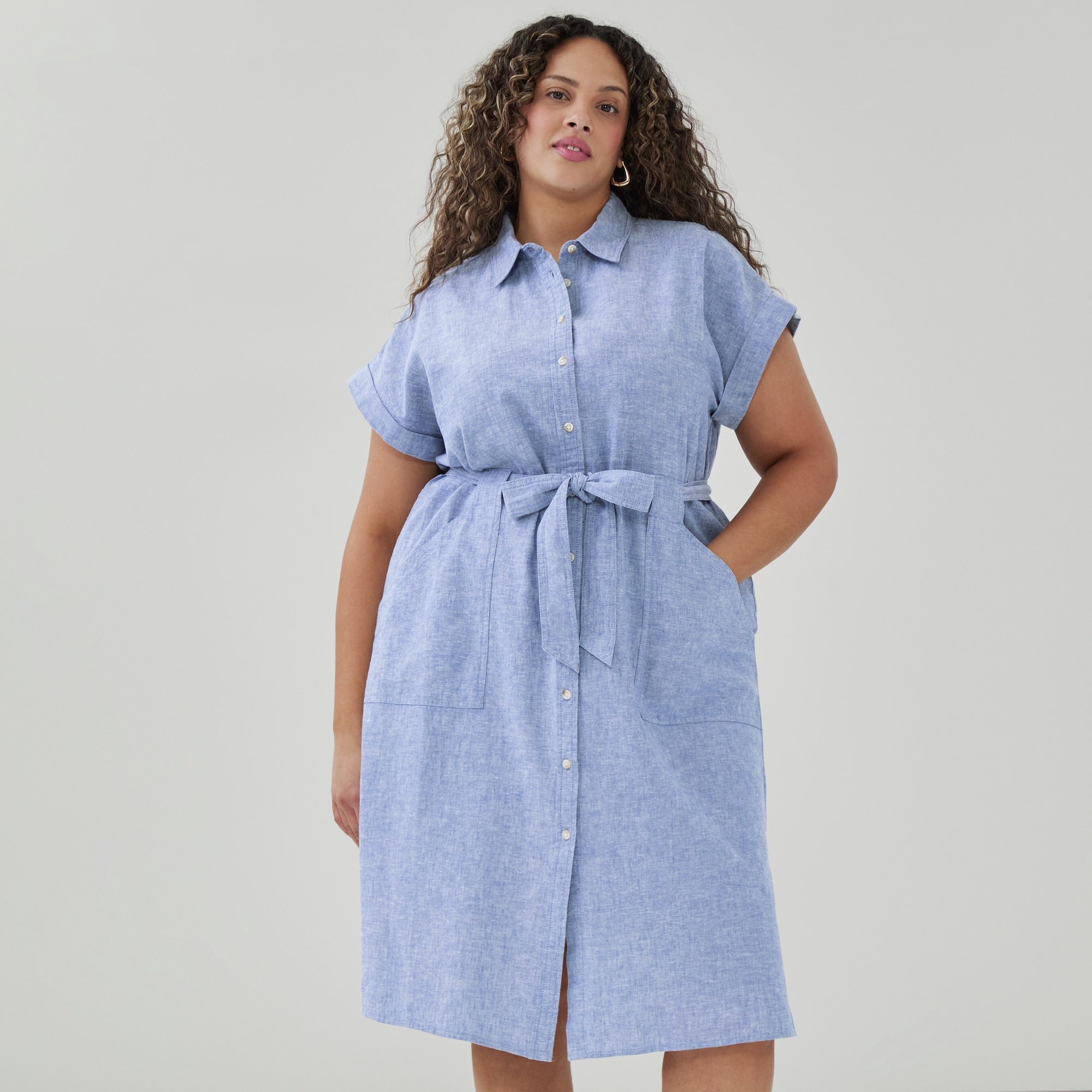 Women+ Linen Cotton Midi Dress in Blue Mix from Joe Fresh Women+ Linen Cotton Midi Dress in Blue Mix from Joe Fresh