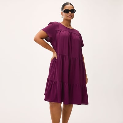 Women+ Short Sleeve Tiered Dress  - Plum