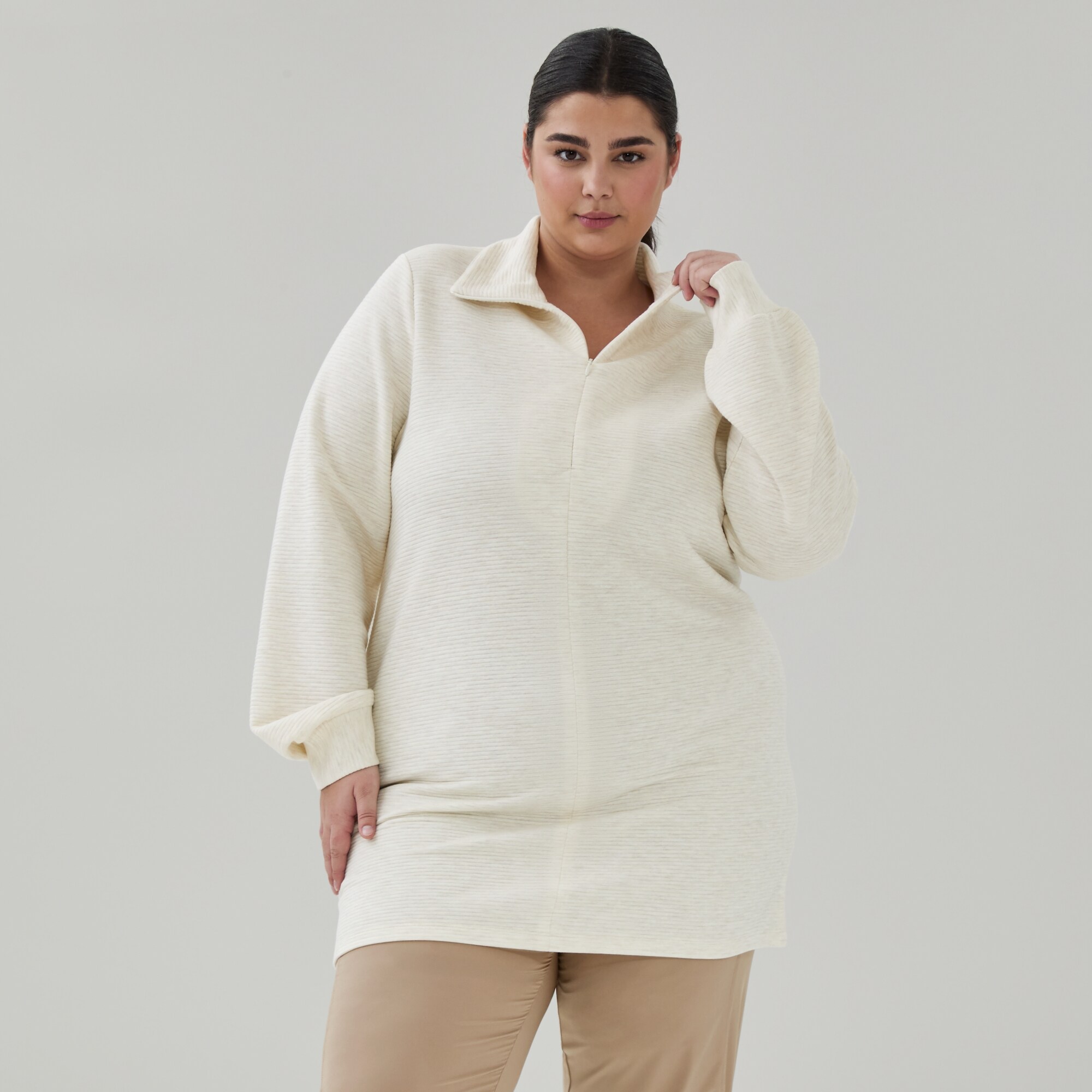 Women+ Active Quarter-Zip Pullover in Oat Mix from Joe Fresh