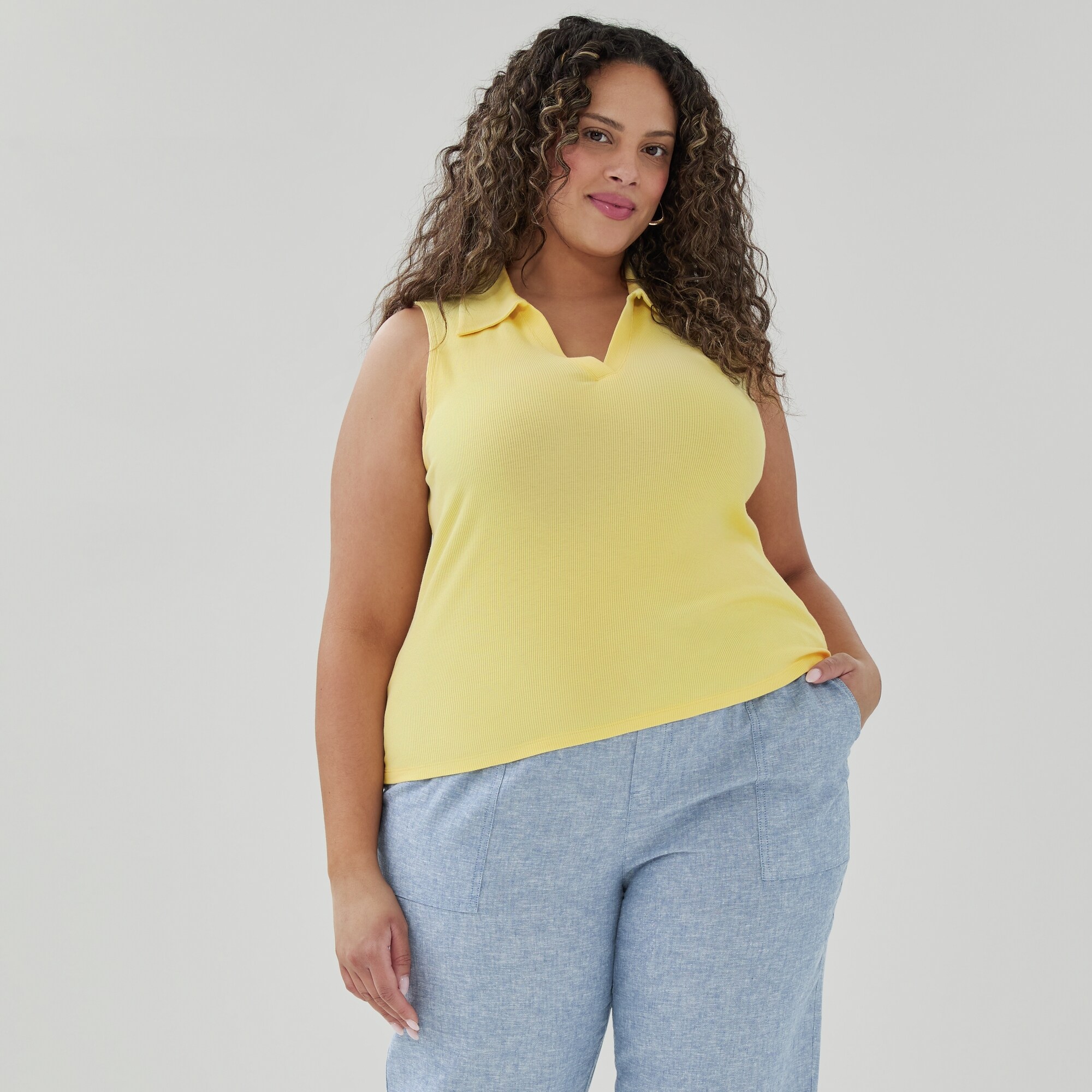 Women+ Ribbed Collared Tank Top in Yellow from Joe Fresh