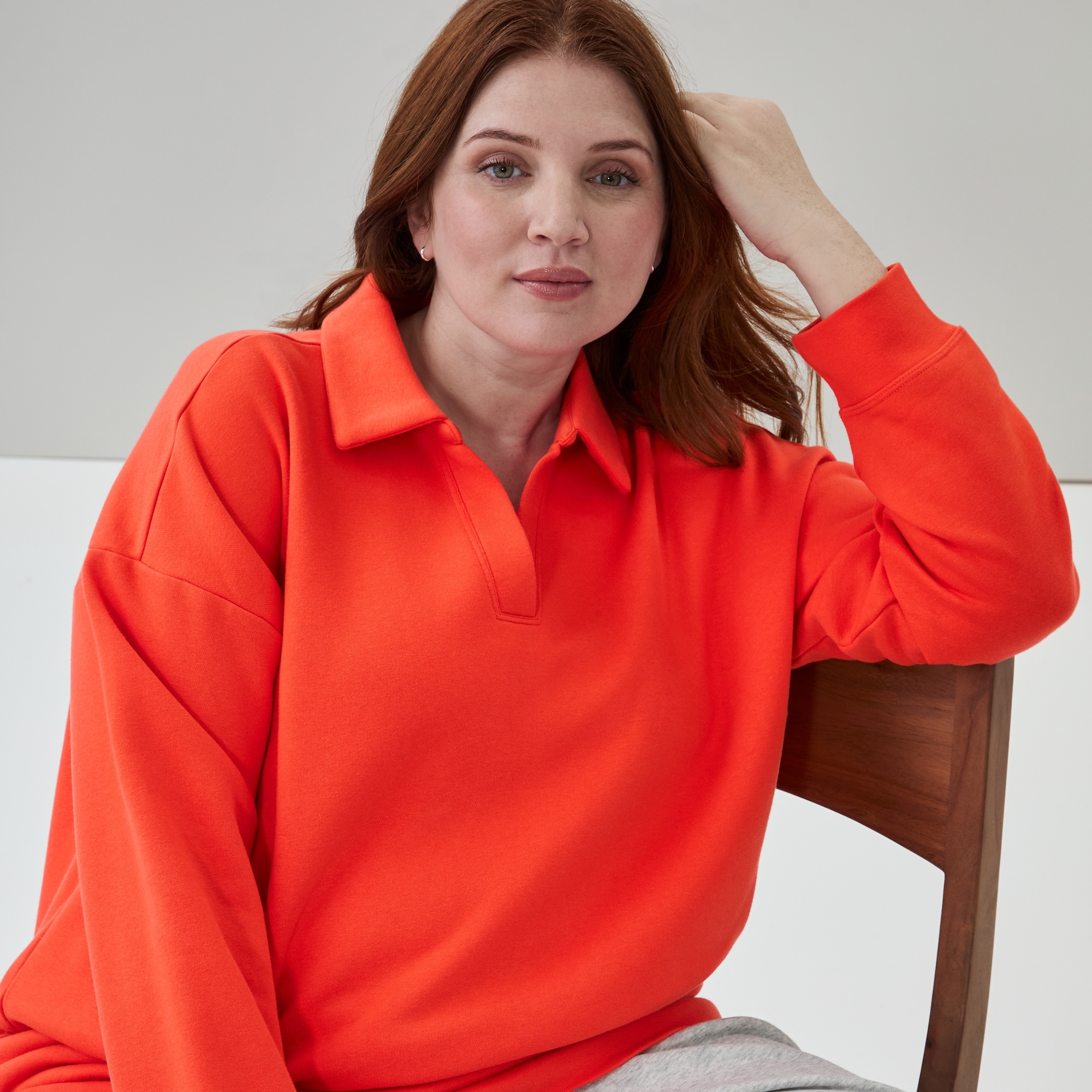 Women+ Fleece Polo Sweatshirt in Bright Red from Joe Fresh