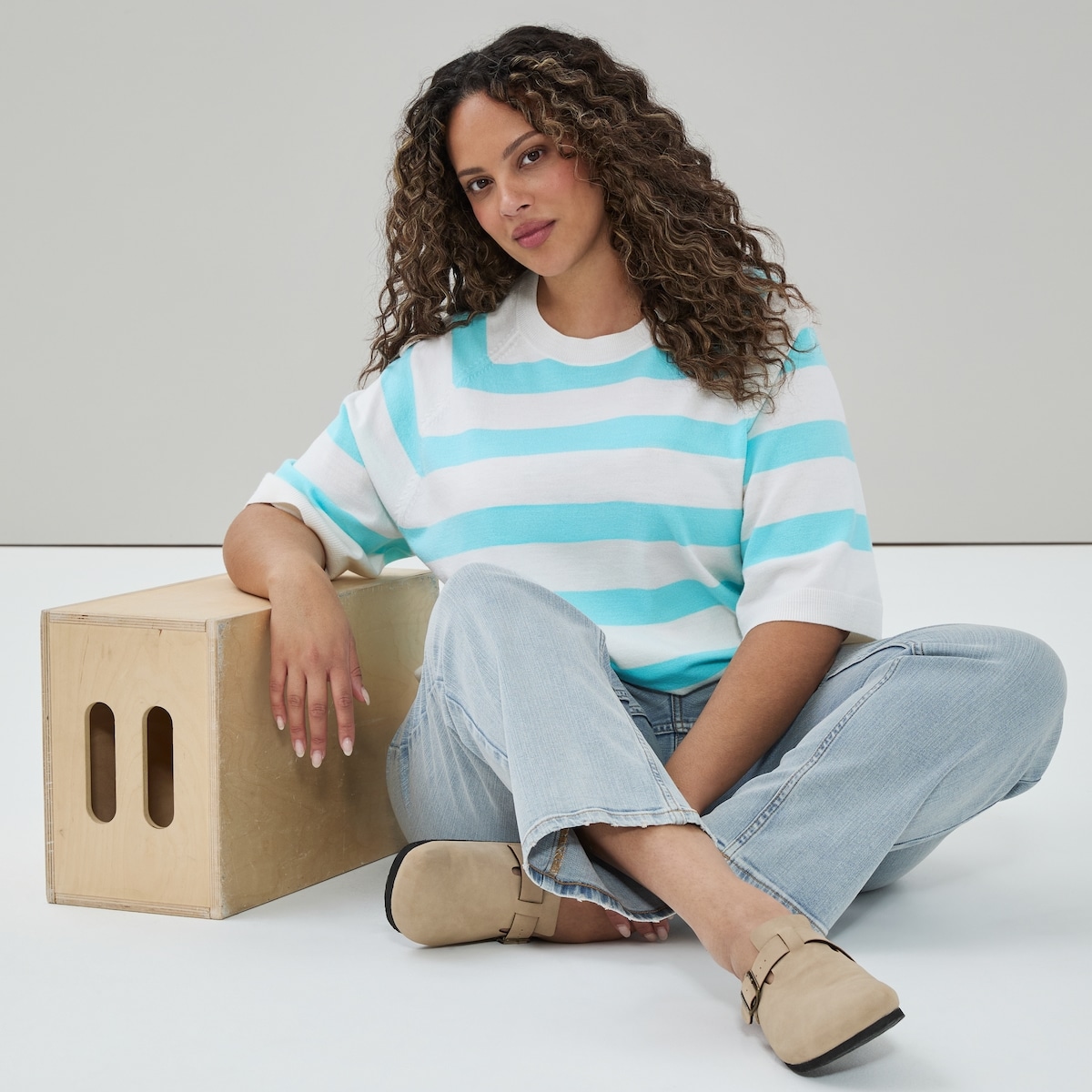 Women+ Striped Puff Sleeve Raglan Sweater