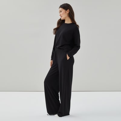 French Terry Wide Leg Lounge Pant - Black