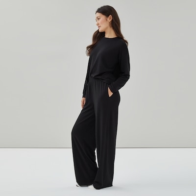 French Terry Wide Leg Lounge Pant - Black