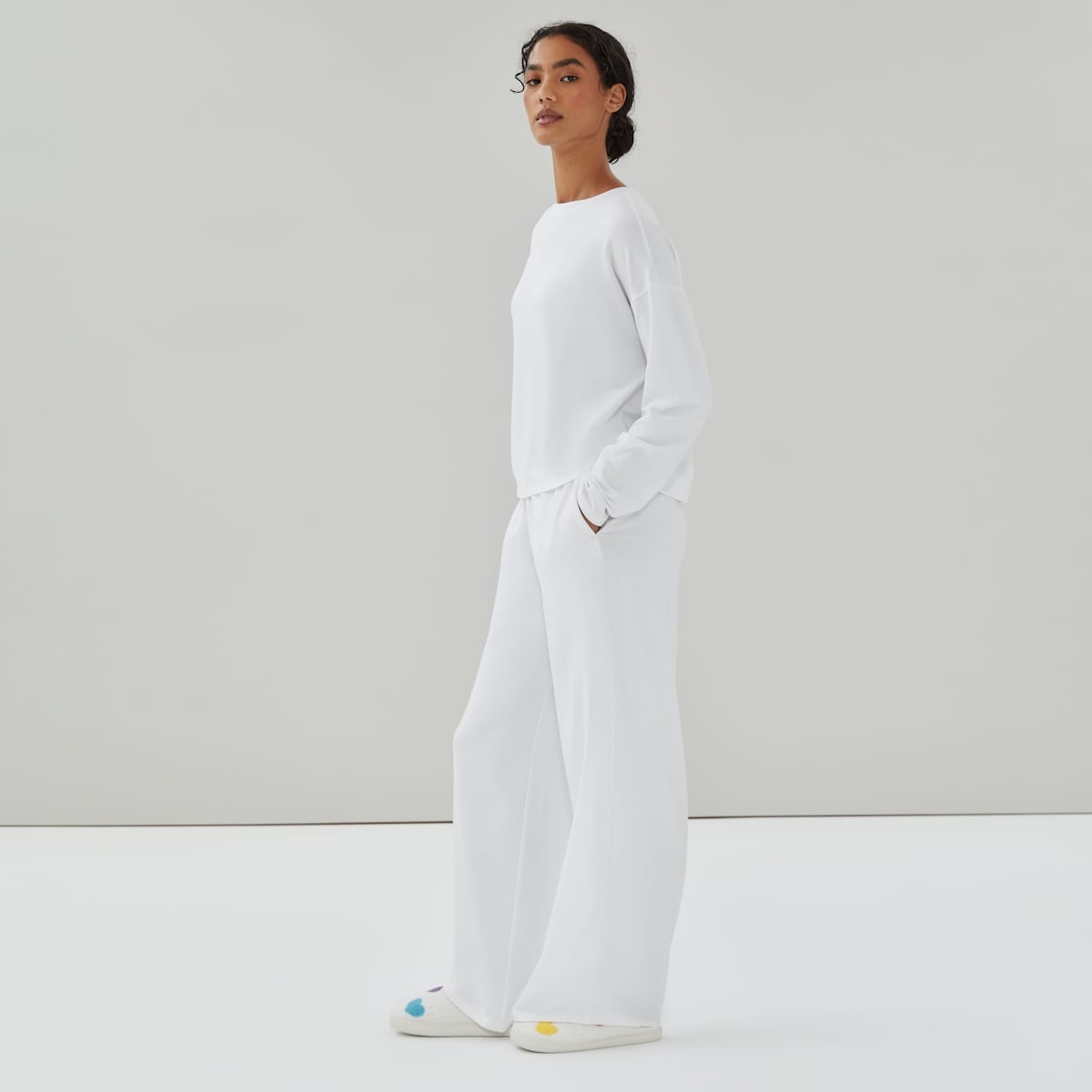 French Terry Wide Leg Lounge Pant - White