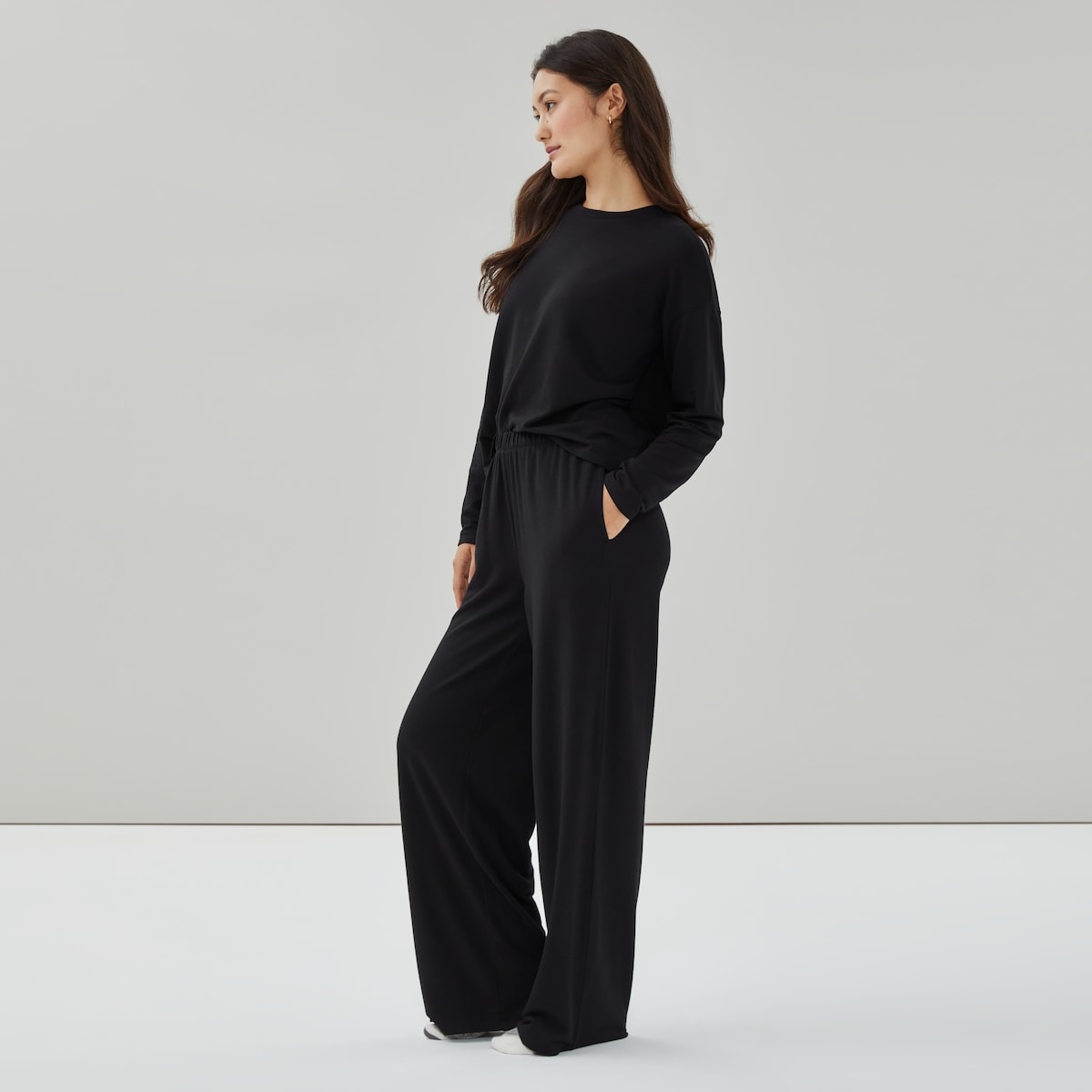 French Terry Wide Leg Lounge Pant - Black