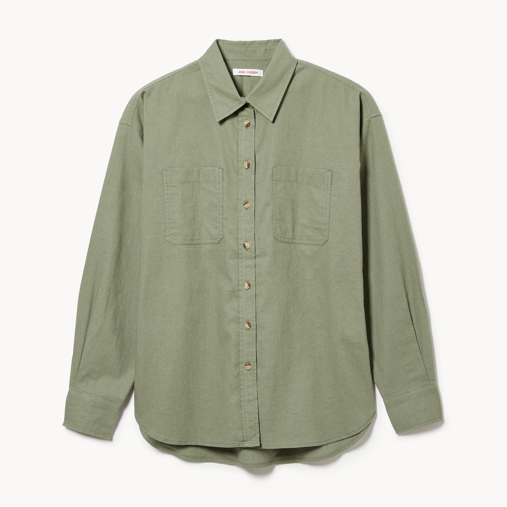 Oversized Linen Cotton Button-Up Shirt in Army Green from Joe Fresh