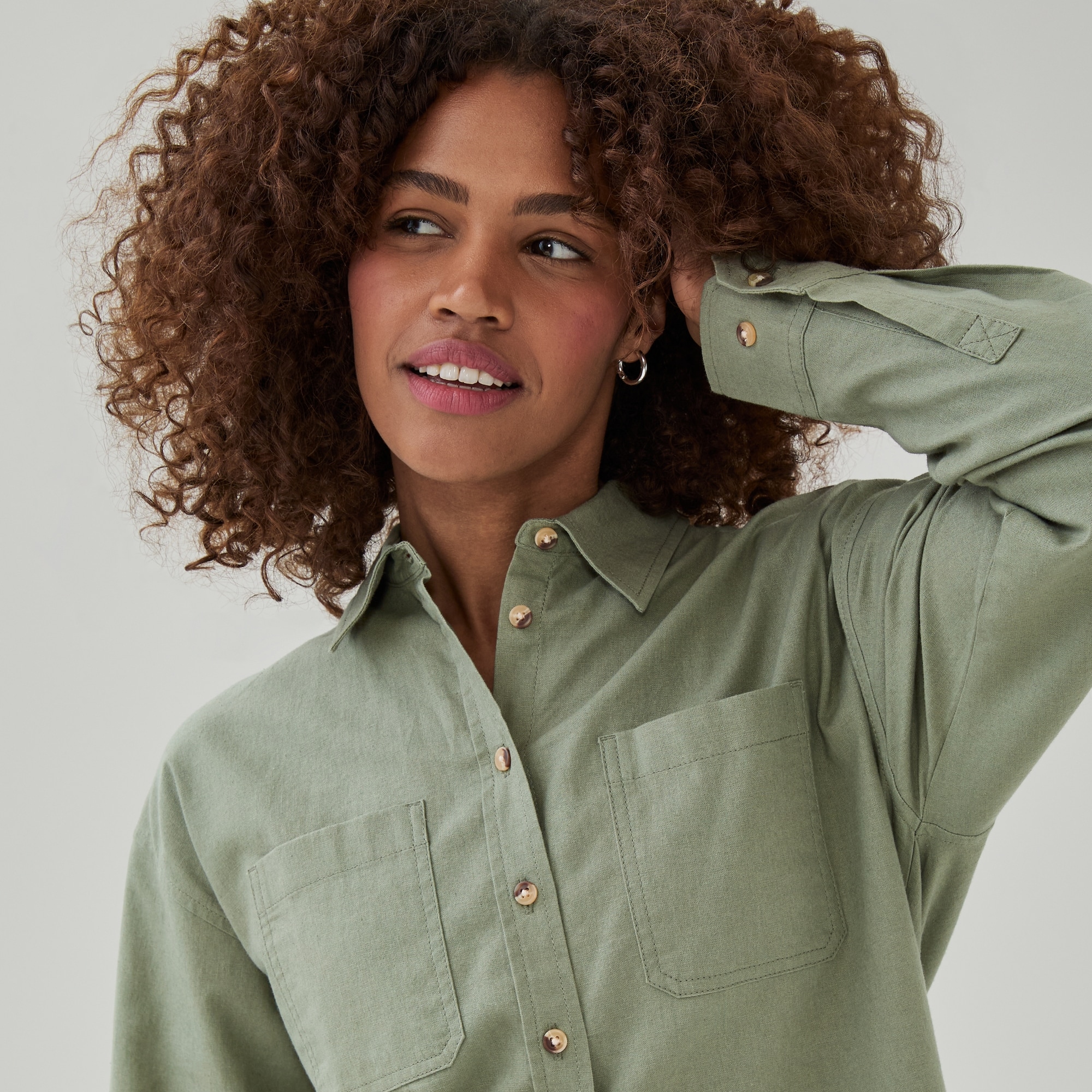 Oversized Linen Cotton Button-Up Shirt in Army Green from Joe Fresh