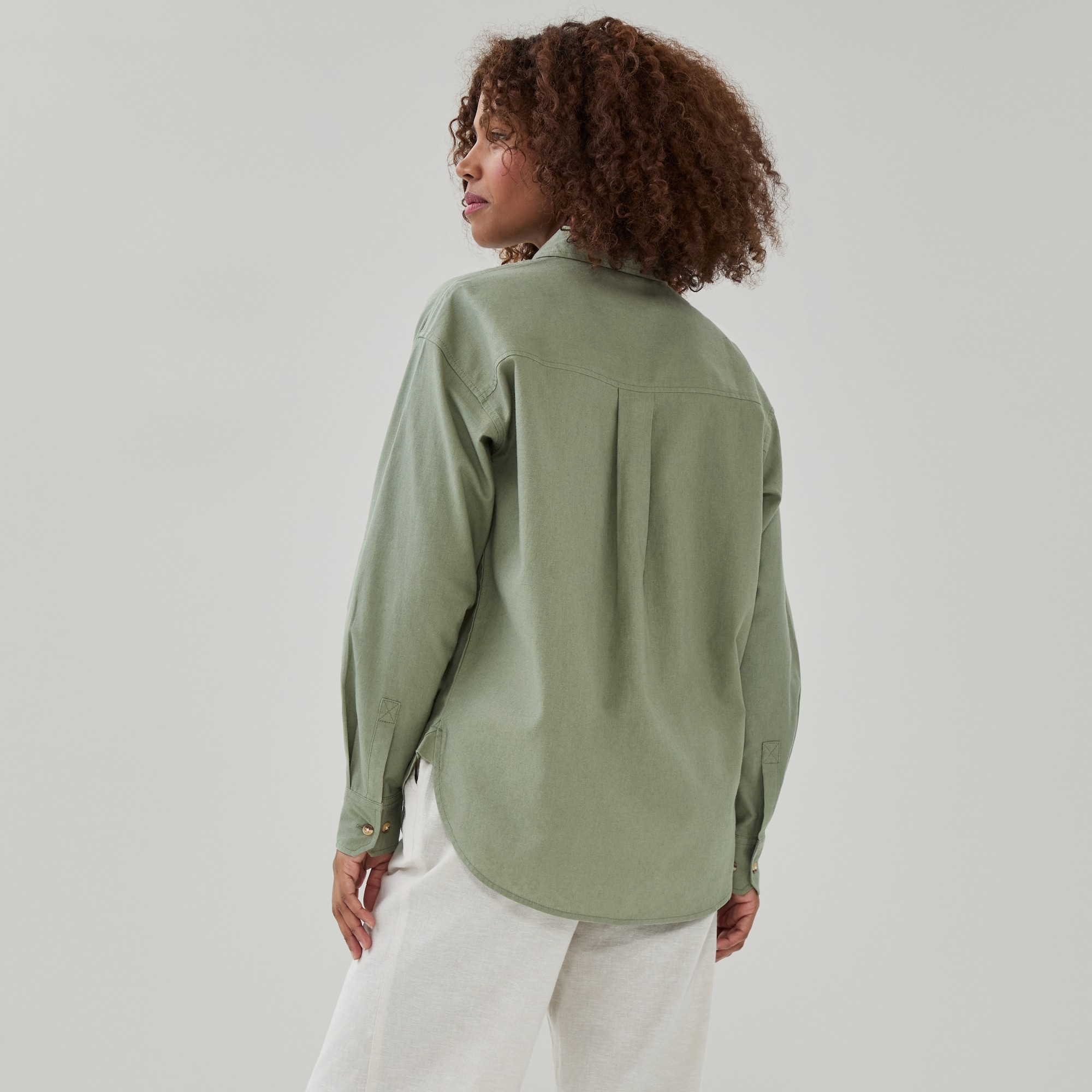 Oversized Linen Cotton Button-Up Shirt in Army Green from Joe Fresh