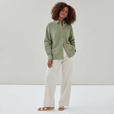 Oversized Linen Cotton Button-Up Shirt - Army Green