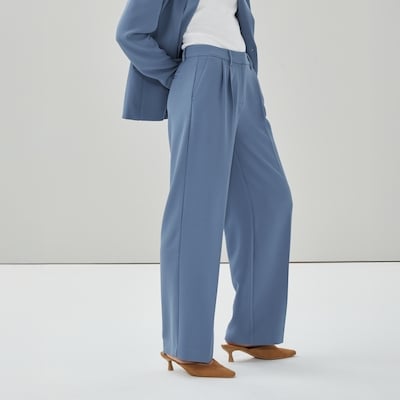 Wide Leg Pleated Trouser - Dusty Blue