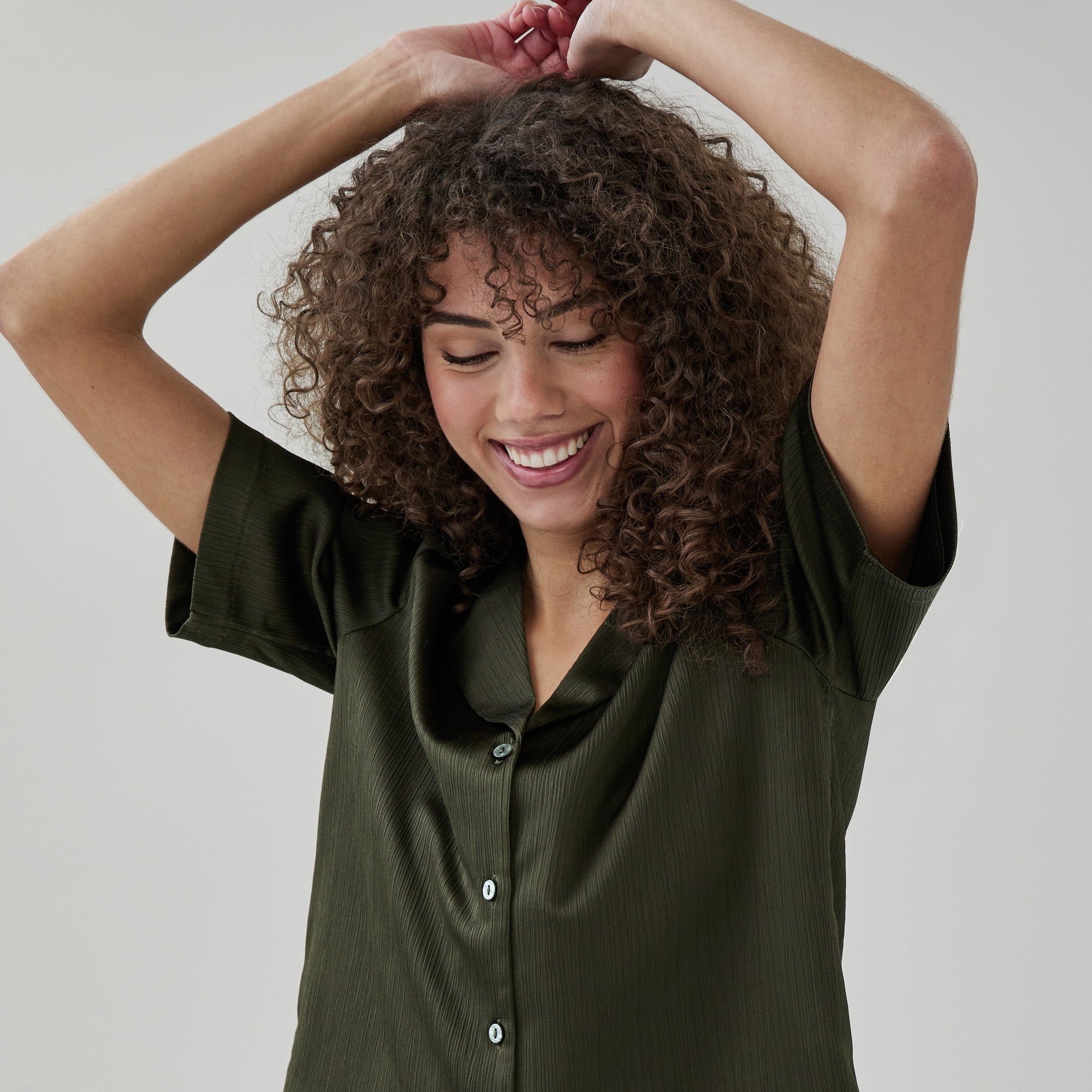 Plisse Satin Camp Shirt in Dark Khaki Brown from Joe Fresh
