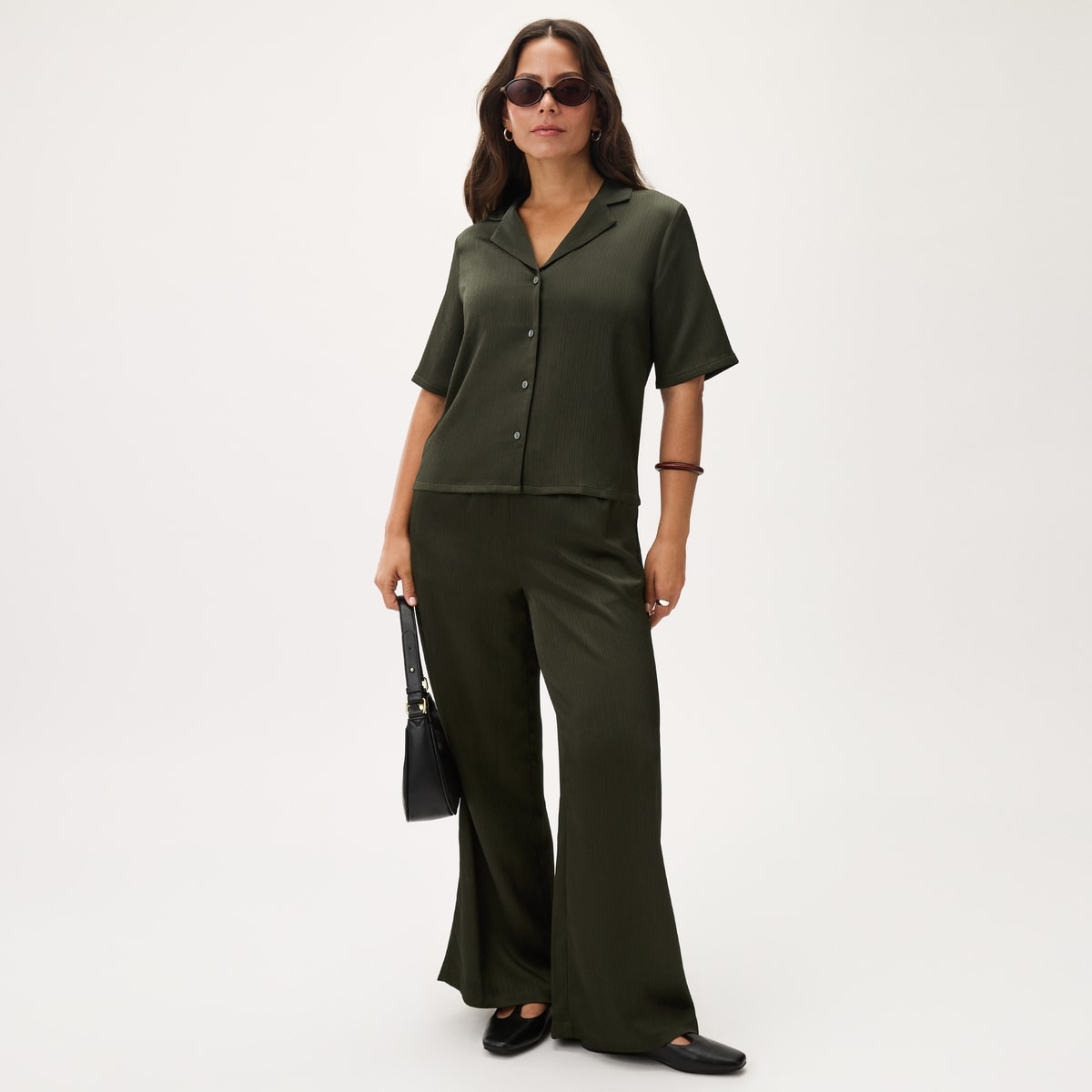 Plisse Satin Camp Shirt - Dark Khaki Brown