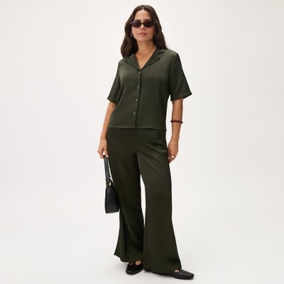 Plisse Satin Camp Shirt - Dark Khaki Brown