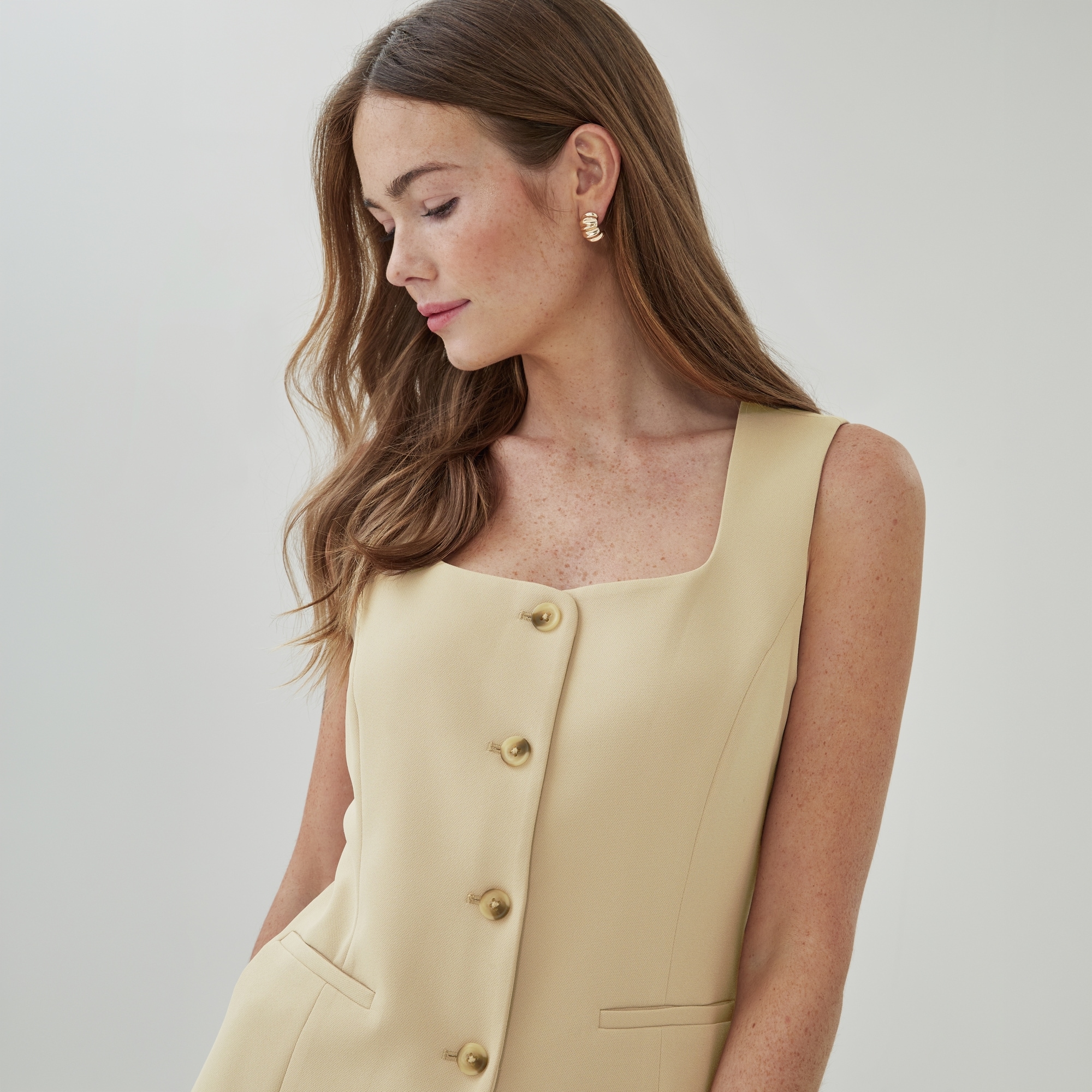 Crepe Longline Vest in Sand from Joe Fresh