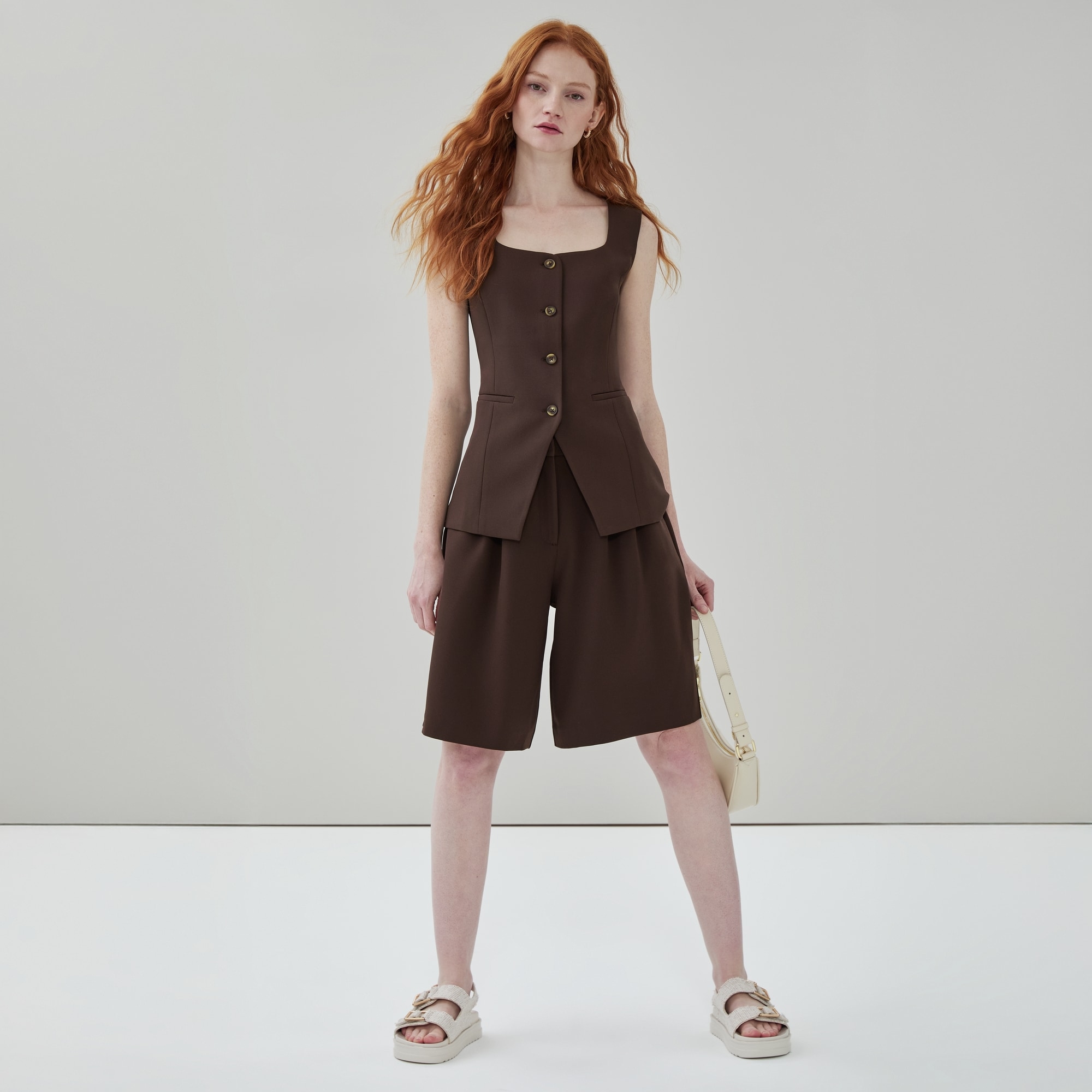 Crepe Longline Vest in Dark Brown from Joe Fresh