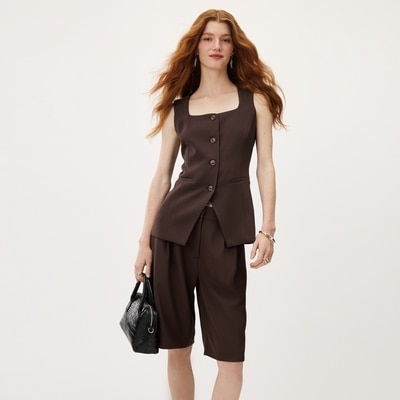 Crepe Longline Vest - Dark Brown