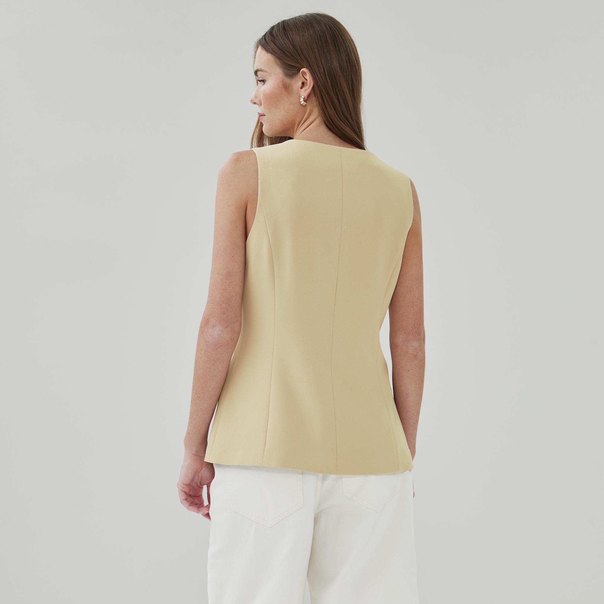 Crepe Longline Vest in Sand from Joe Fresh