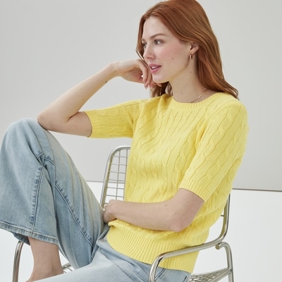 Cable Knit Short Sleeve Sweater - Yellow