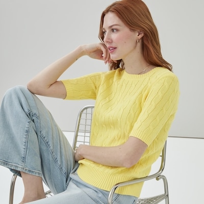 Cable Knit Short Sleeve Sweater - Yellow