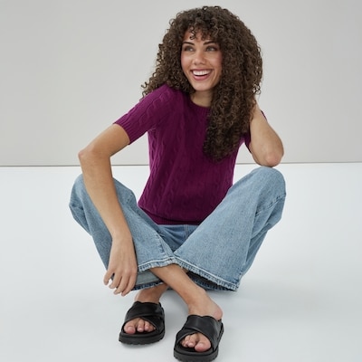 Cable Knit Short Sleeve Sweater - Plum