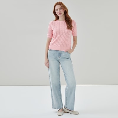 Cable Knit Short Sleeve Sweater - Light Pink
