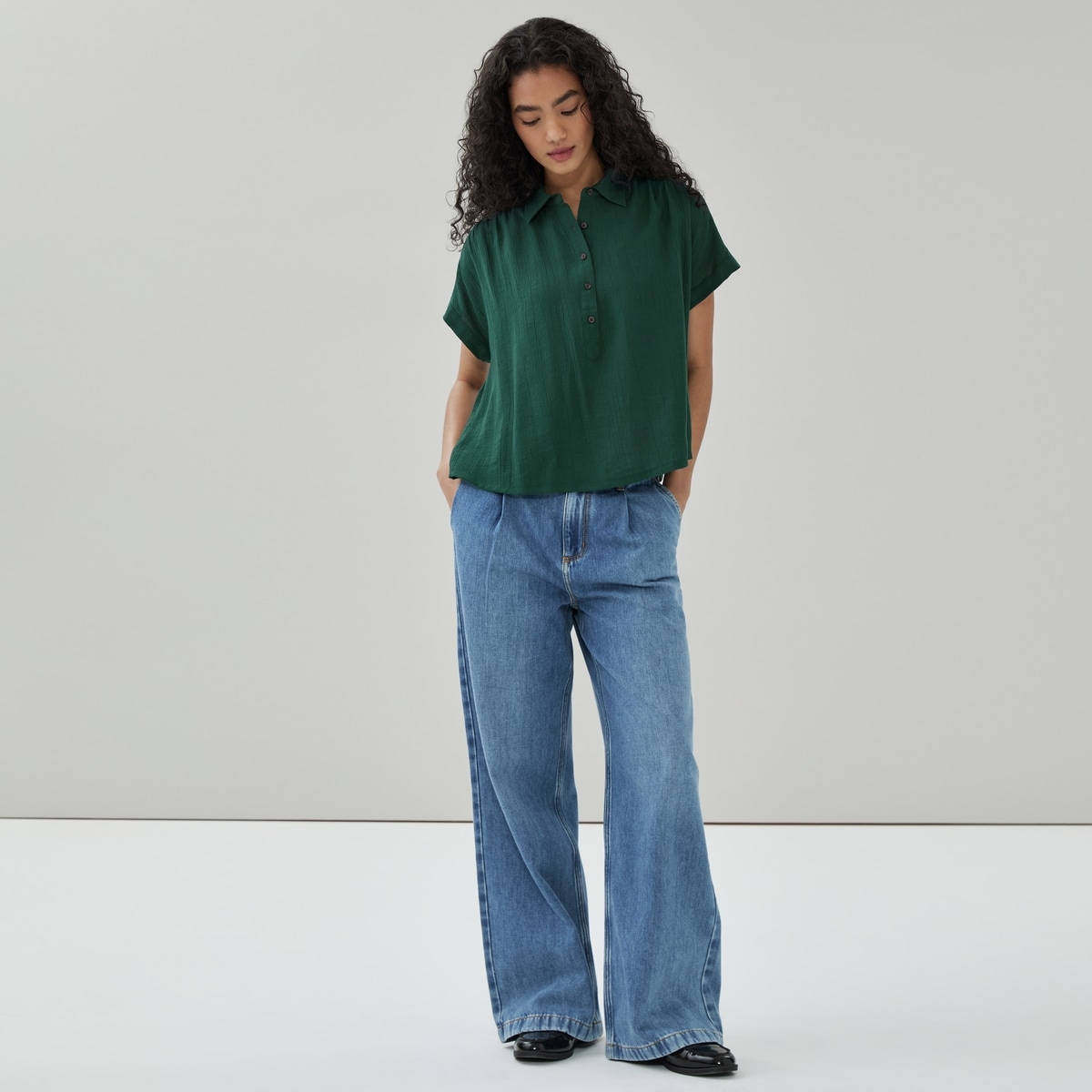 Twill Button-Up Shirt - Dark Teal