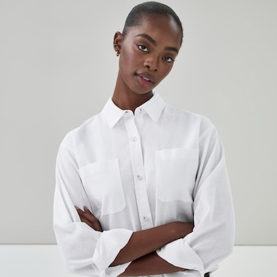 Chemise courte à manches longues en lin mélangé - Blanc pur