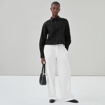 Chemise courte à manches longues en lin mélangé - Noir JF